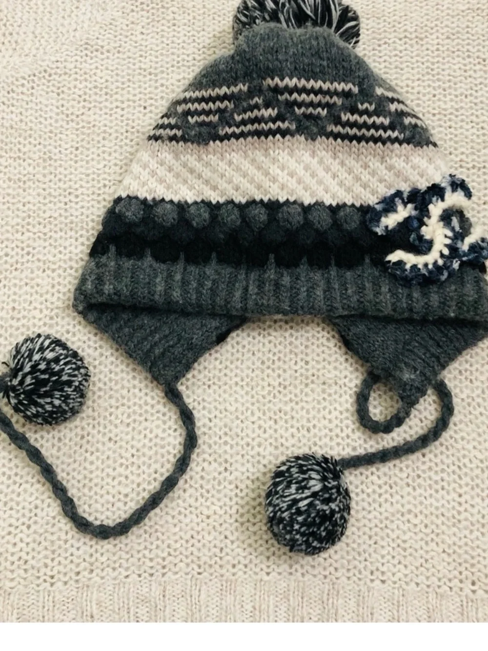 CC (Chanel) Kids Gray Knit Earflap Beanie with Navy & White Accent